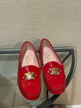 Kate Spade Carmen Red Patent Leather Loafers with gold logo hardware